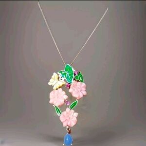 Jardin Collection Jade, Mother of Pearl, Garnet Flower Necklace Platinum Plated